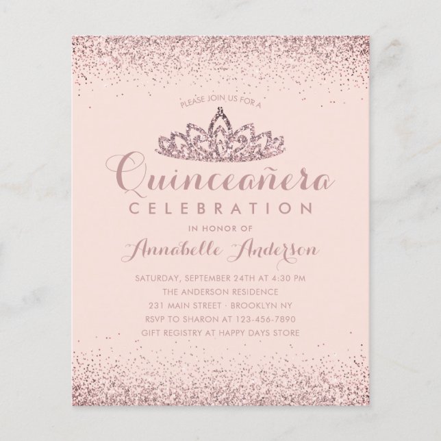 Lámina Invitación a Rosa de presupuesto Rubor Quinceañera (Anverso)
