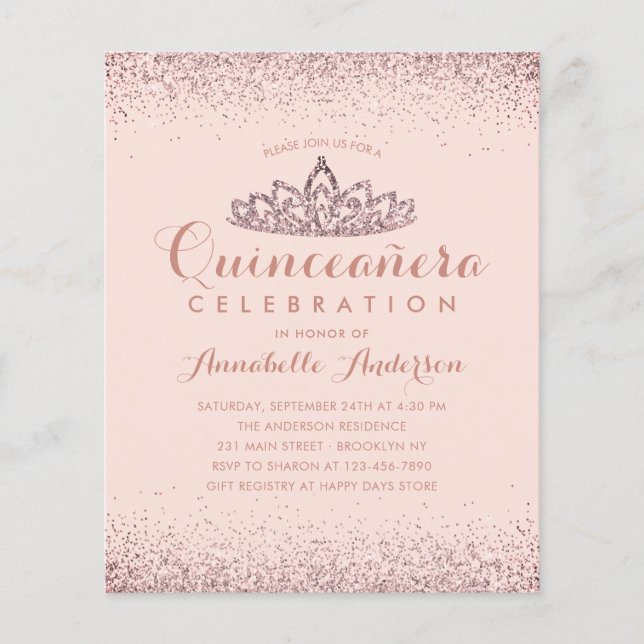 Lámina Invitación a Rosa de presupuesto Rubor Quinceañera (Anverso)
