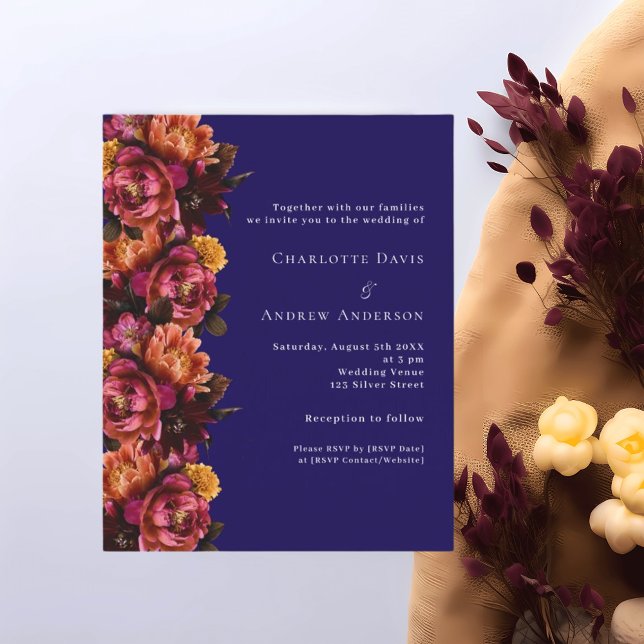 Lámina Invitación a RSVP de boda floral azul marino de Bo (Subido por el creador)