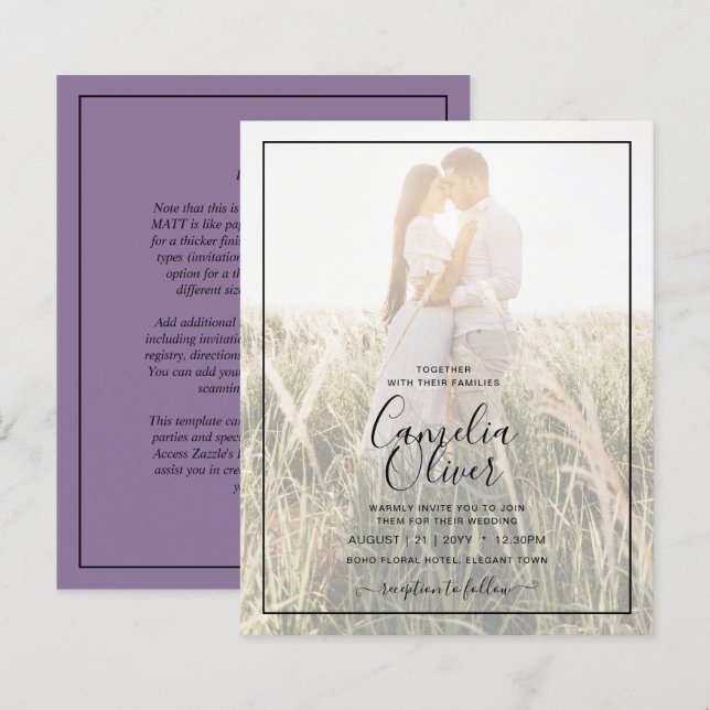 Lámina Invitación a superposición de foto de Boda púrpura (Anverso / Reverso)