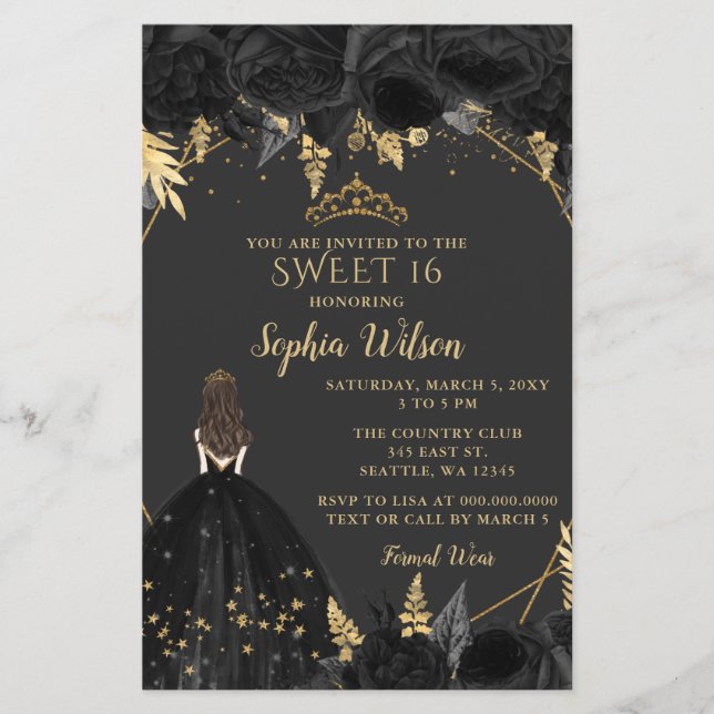 Lámina Invitación a SWEET 16 Princesa de oro negro de pre (Anverso)