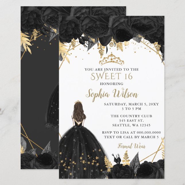 Lámina Invitación a SWEET 16 Princesa de oro negro de pre (Anverso / Reverso)