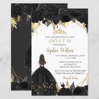 Lámina Invitación a SWEET 16 Princesa de oro negro de pre