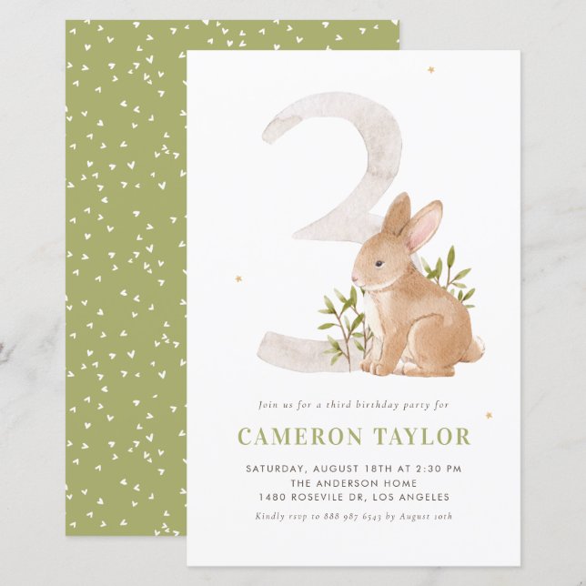 Lámina Invitación a tercer cumpleaños de Cute Rabbit Wood (Anverso / Reverso)