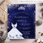 Lámina Invitación a tiara de Budget Sweet 16 vestido azul<br><div class="desc">Una invitación de moda y glamurosa para una fiesta de 16 y 16 años. Un fondo azul marino con un polvo falso purpurina de plata, una tiara y un vestido. El color azul es desigual. El nombre está escrito con una escritura de estilo con letras a mano moderna. Personalice y...</div>