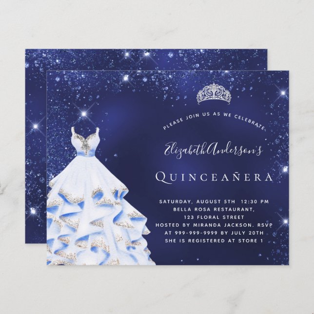 Lámina Invitación a tiara de plata azul Quinceanera (Anverso / Reverso)