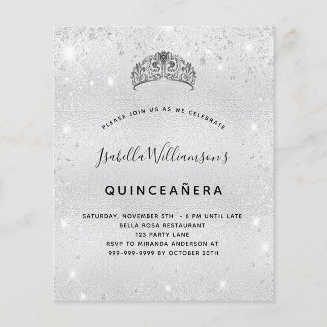 Lámina Invitación a tiara del purpurina de plata de presu (Anverso)
