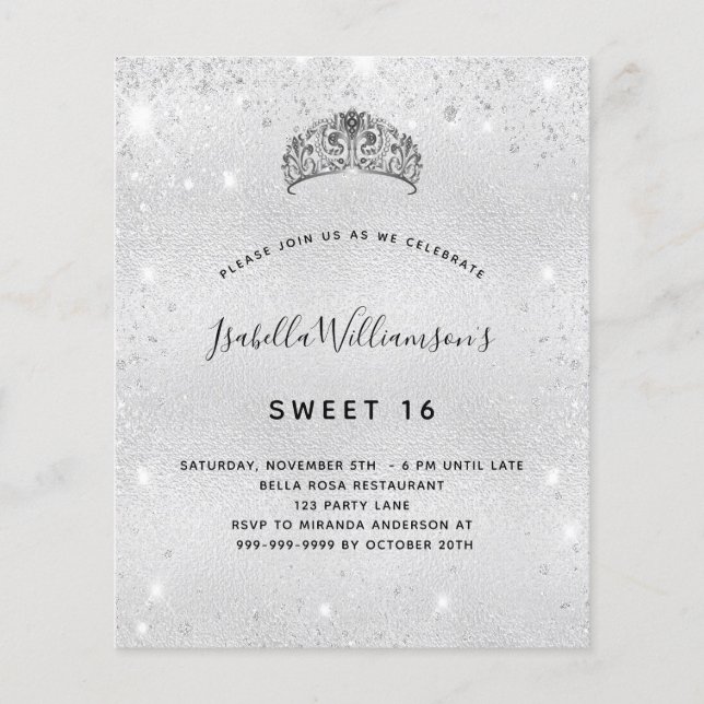Lámina Invitación a tiara, purpurina de plata dulce 16 (Anverso)