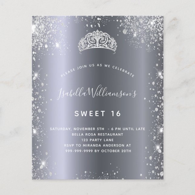 Lámina Invitación a tiara, purpurina de plata dulce 16 (Anverso)