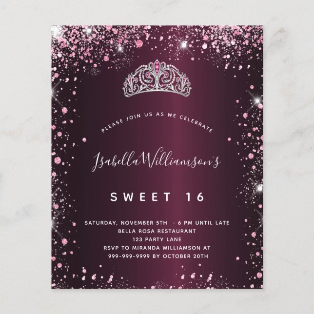 Lámina Invitación a tiara, purpurina rosa dulce 16 burdeo (Anverso)