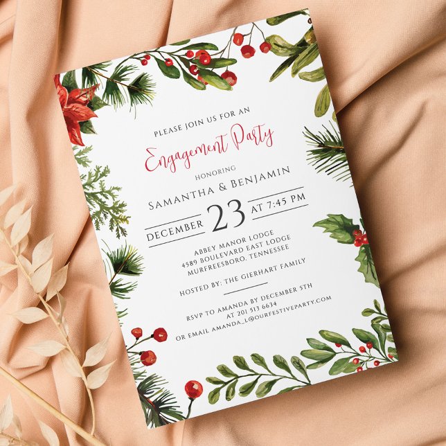 Lámina Invitación a un partido de compromiso con los navi (Christmas Engagement Party Botanical Greenery Berries Invitation)