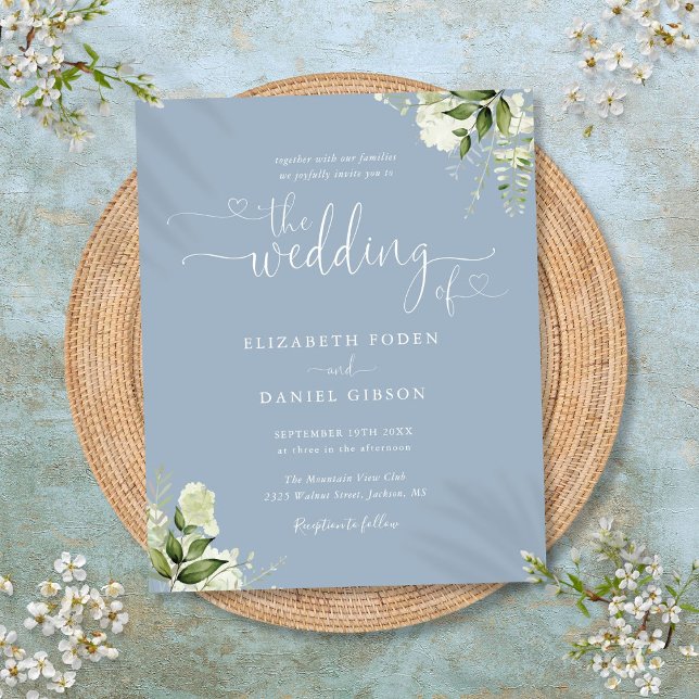 Lámina Invitación a una boda azul turbulenta con vegetaci (Budget Greenery Dusty Blue Wedding Invitation)