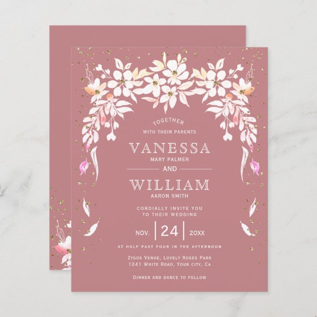 Lámina Invitación a una boda floral con rosa y polvorient (Anverso / Reverso)