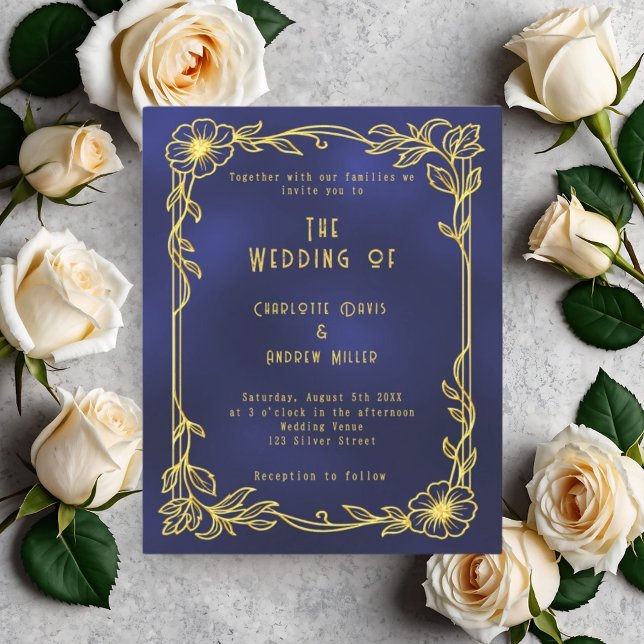 Lámina Invitación a una boda floral de oro azul (Subido por el creador)
