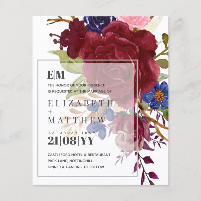 Lámina Invitación a una boda floral moderna con el presup (Anverso)