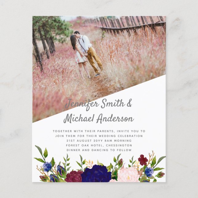 Lámina Invitación a una boda floral rosa borgoñona azul (Anverso)
