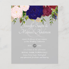 Lámina Invitación a una boda floral rosa borgoñona azul