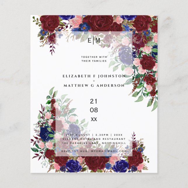 Lámina Invitación a una boda floral rosa rosa azul borgoñ (Anverso)
