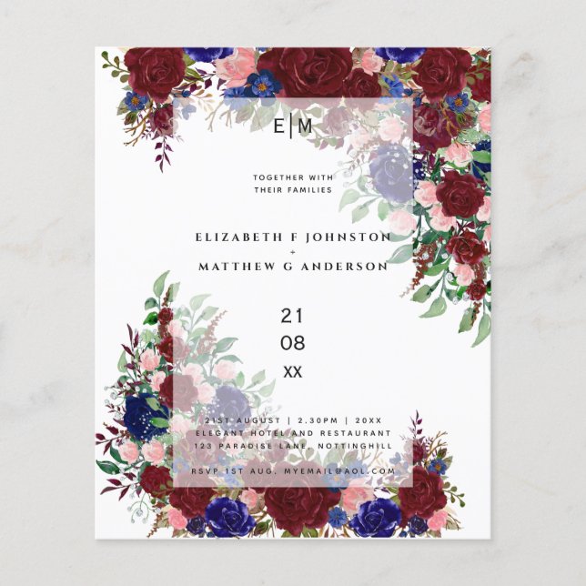 Lámina Invitación a una boda floral rosa rosa azul borgoñ (Anverso)