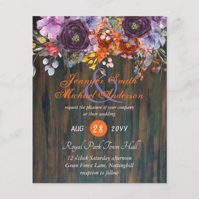 Lámina Invitación a una boda floral rosada con Naranja pú (Anverso)