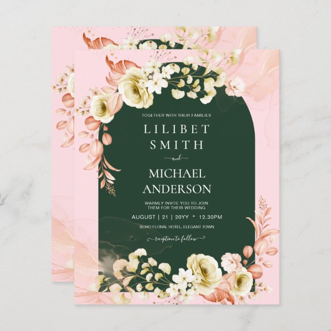 Lámina Invitación a una boda floral verde PINK en tempora (Anverso / Reverso)