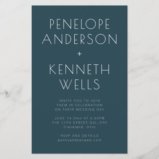 Lámina Invitación a una boda Verde azulada oscura Minimal (Anverso)