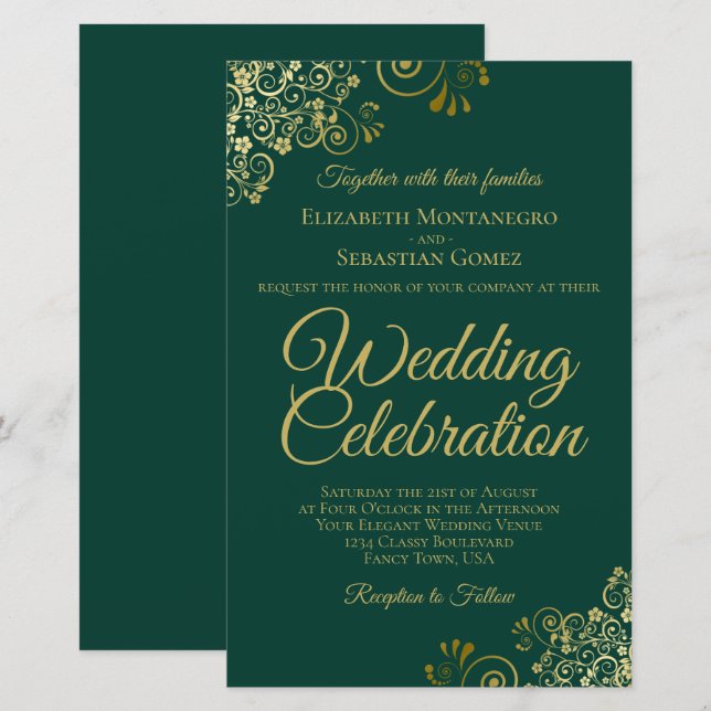 Lámina Invitación a una boda verde y de oro de Esmeralda (Anverso / Reverso)