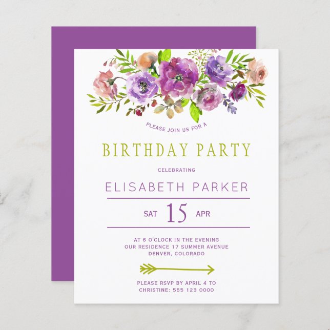 Lámina Invitación a una fiesta de cumpleaños con presupue (Anverso / Reverso)