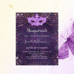 Lámina Invitación a una fiesta de rosa púrpura<br><div class="desc">Para una elegante mascarada,  fiesta de cumpleaños número 50 (o cualquier edad). Un patrón de fondo morado. Decorada con destellos de oro rosa y una máscara de mascarada. Personalice y agregue un nombre y detalles del fiesta. El nombre se escribe con un guión de estilo con letras a mano</div>