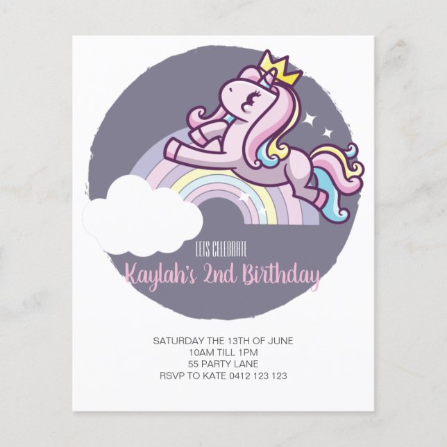 Lámina Invitación a unicornio mágico con presupuesto (Anverso)