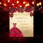 Lámina Invitación a vestir a purpurina rojo dorado Sweet<br><div class="desc">Una invitación moderna, elegante y glamurosa para una fiesta de 16 y 16 años. Un fondo de oro falso con polvo falso purpurina de oro, un vestido y rosas rojas, flores. El nombre está escrito con una escritura de estilo con letras a mano moderna. Personalice y agregue los detalles de...</div>