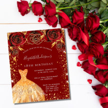 Invitación a vestir a purpurinas de oro rojo cumpl