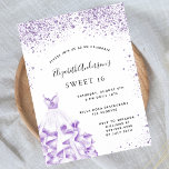 Lámina Invitación a vestir con color blanco violeta<br><div class="desc">Una invitación moderna, elegante y glamurosa para una fiesta de 16 y 16 años. En la parte delantera, un fondo blanco con violeta, brillo de lila, un vestido violeta. El nombre está escrito con una escritura de estilo con letras a mano moderna. Personalice y agregue los detalles de su fiesta....</div>