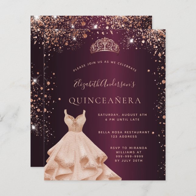 Lámina Invitación a vestir con rosa de oro de Quinceanera (Anverso / Reverso)