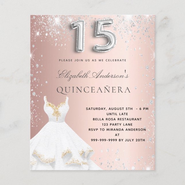 Lámina Invitación a vestir de plata de rosa Quinceanera (Anverso)
