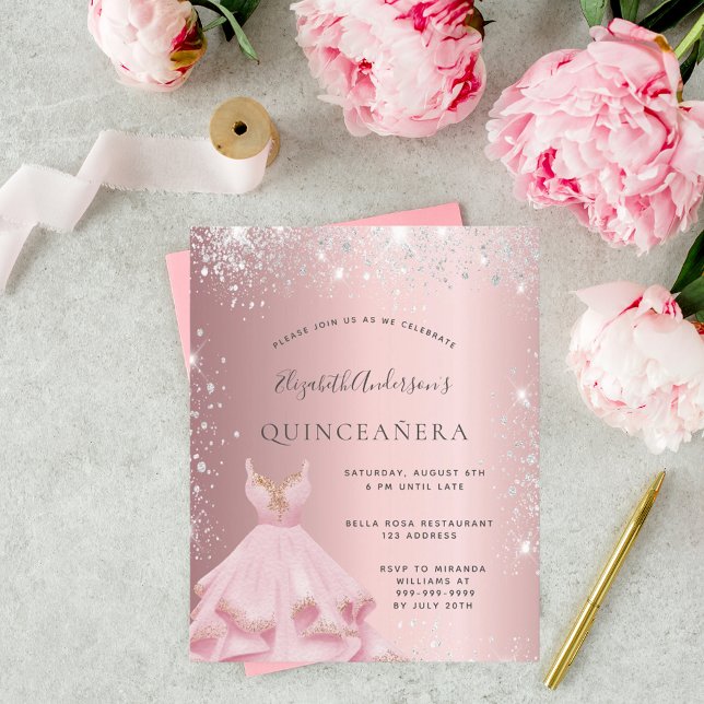 Lámina Invitación a vestir de plata rosa Quinceanera (Subido por el creador)