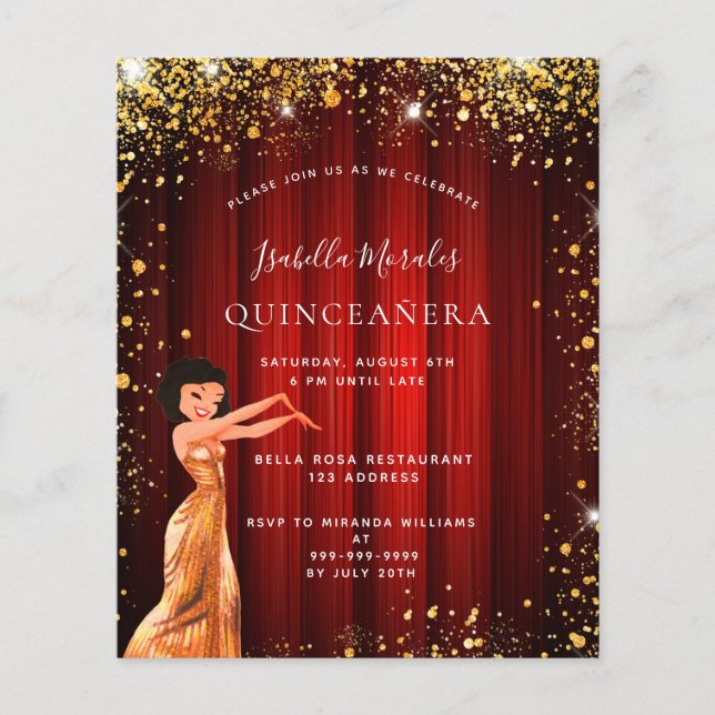 Lámina Invitación a vestir de purpurina rojo Quinceanera (Anverso)