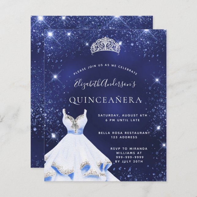 Lámina Invitación a vestir purpurina azul de Quinceanera (Anverso / Reverso)