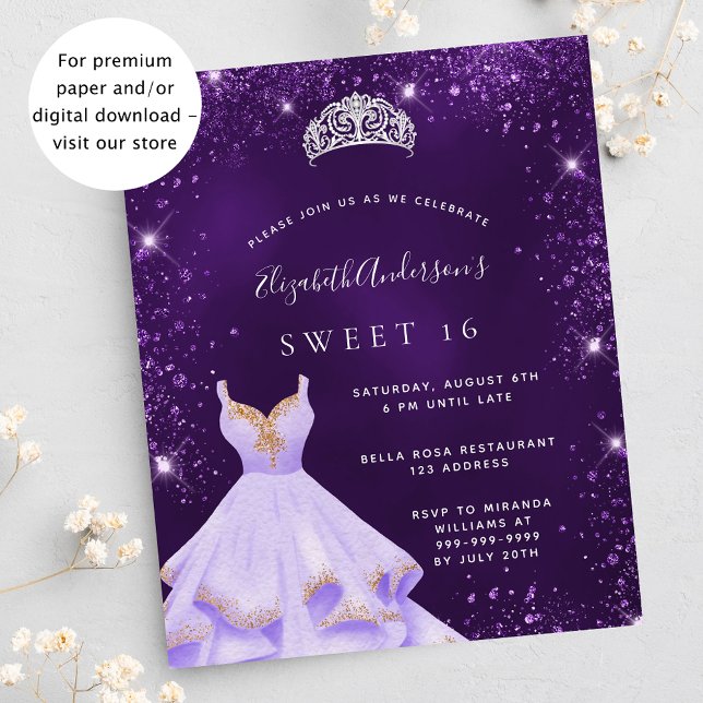 Lámina Invitación a vestir purpurina púrpura 16 Sweet (Subido por el creador)