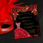 Lámina Invitación a vestir rojo negro de Budget Sweet 16<br><div class="desc">Una invitación moderna,  elegante y glamurosa para una fiesta de 16 y 16 años. Un fondo negro con chispas,  un vestido rojo y rosas rojas,  flores. El nombre está escrito con una escritura de estilo con letras a mano moderna. Personalice y agregue los detalles de su fiesta.</div>