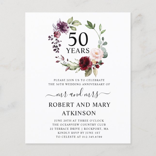 Lámina Invitación al 50 aniversario de Budget Burgundy Fl (Anverso)