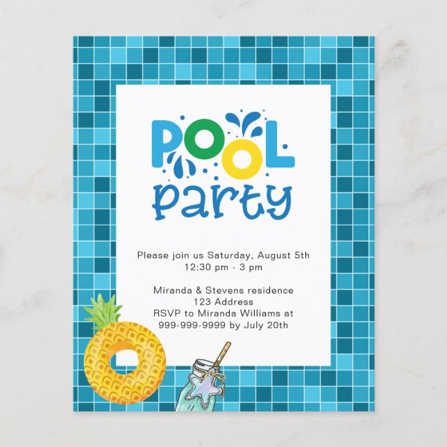 Lámina Invitación al agua azul del fiesta de la piscina p (Anverso)