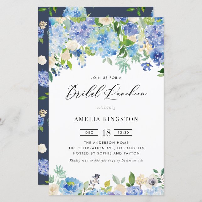 Lámina Invitación al almuerzo de Blue Hydrangea Floral Br (Anverso / Reverso)