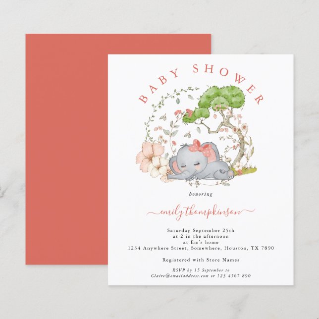Lámina Invitación al Baby Shower de la niña del elefante  (Anverso / Reverso)