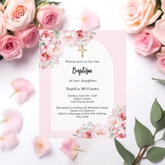 Lámina Invitación al bautismo chica de oro de flores rosa (Subido por el creador)