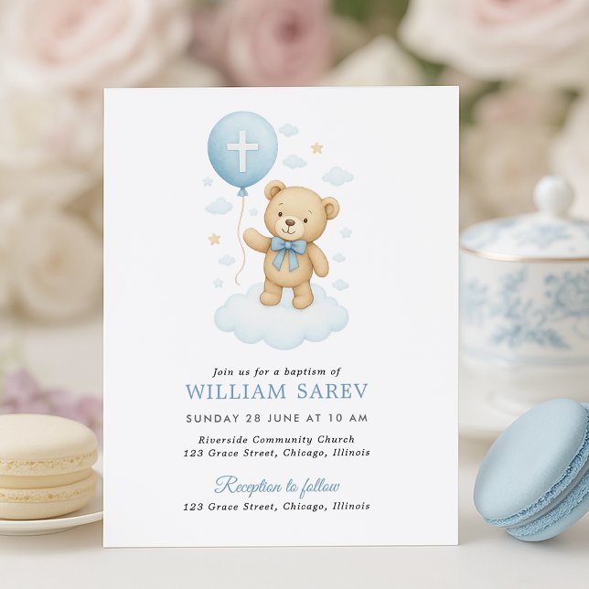 Lámina Invitación al bautismo de Baby Boy con Teddy (Budget-friendly baptism invite with teddy and cross balloon – pastel tea party setup)