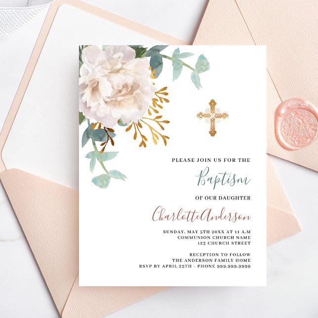 Lámina Invitación al bautismo de cruz blanca floral (Subido por el creador)