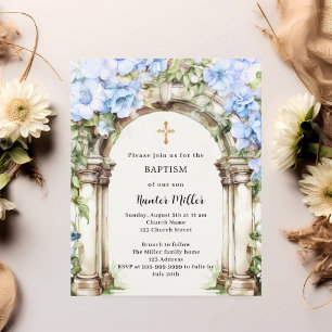 Lámina Invitación al bautismo de flor azul arca beige
