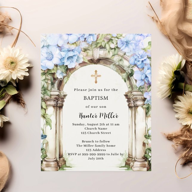 Lámina Invitación al bautismo de flor azul arca beige (Subido por el creador)