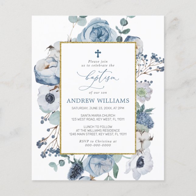 Lámina Invitación al bautismo de flores azules de presupu (Anverso)